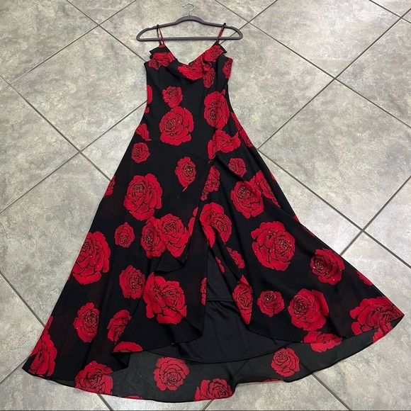 VTG Betsy & Adam Sz 10 Black Red V Neck Floral Sequin Side Slit Gown Dress Prom - Picture 11 of 11